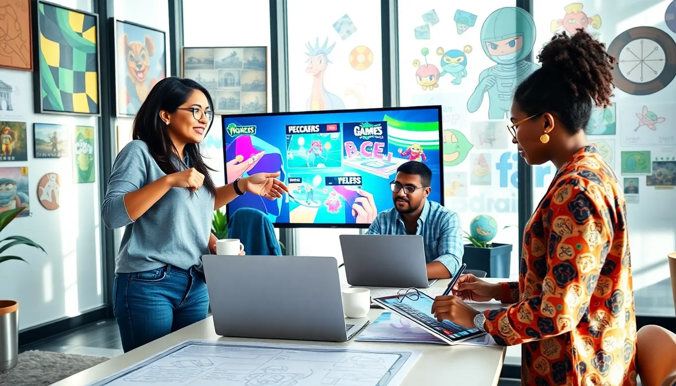 diverse game developers collaborating in a bright office setting.