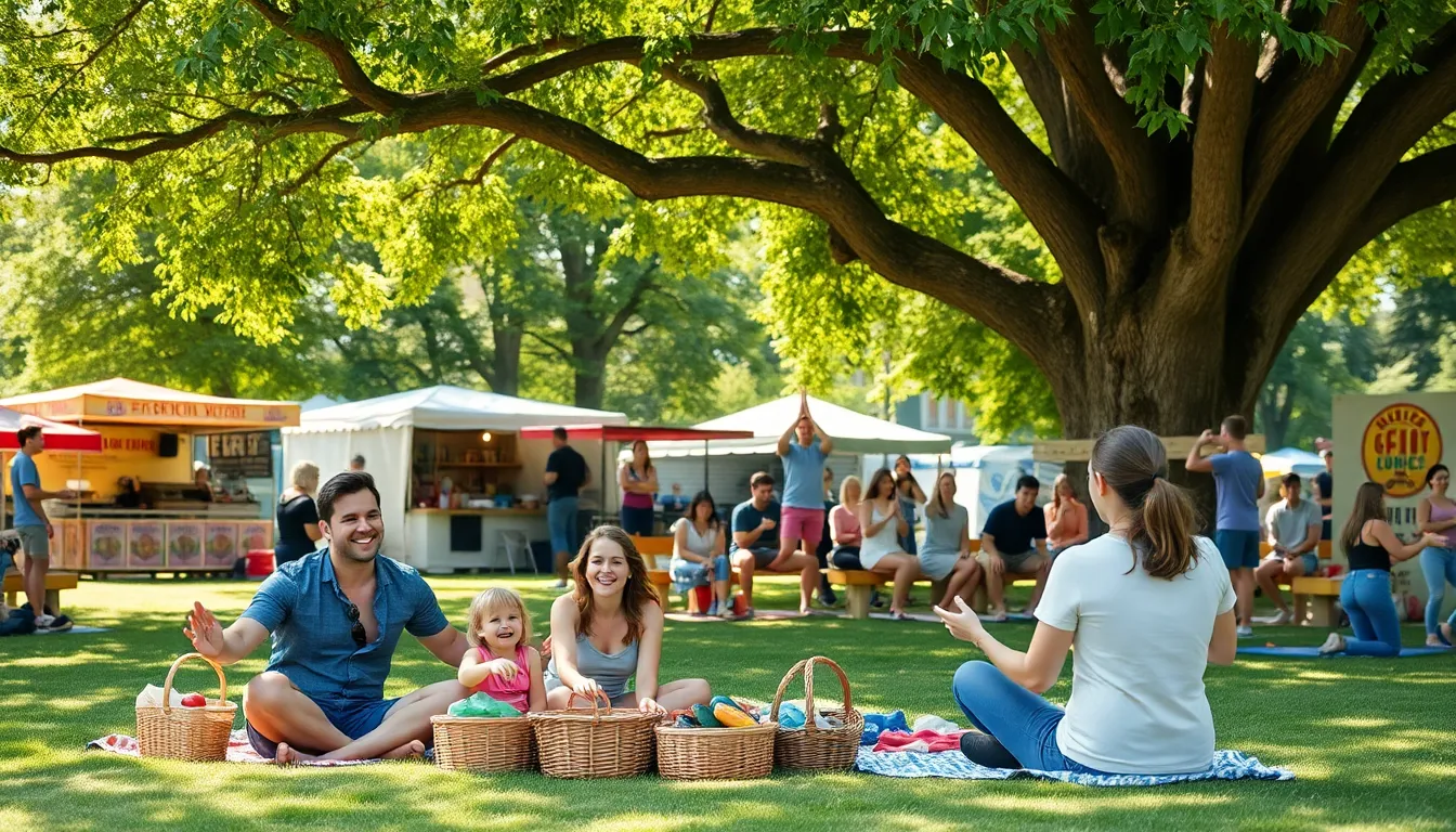 diverse group enjoying local events in a sunny park.