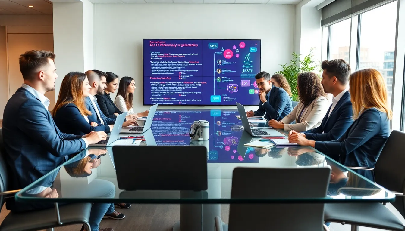 diverse team collaborating in a modern office about technology and Java.