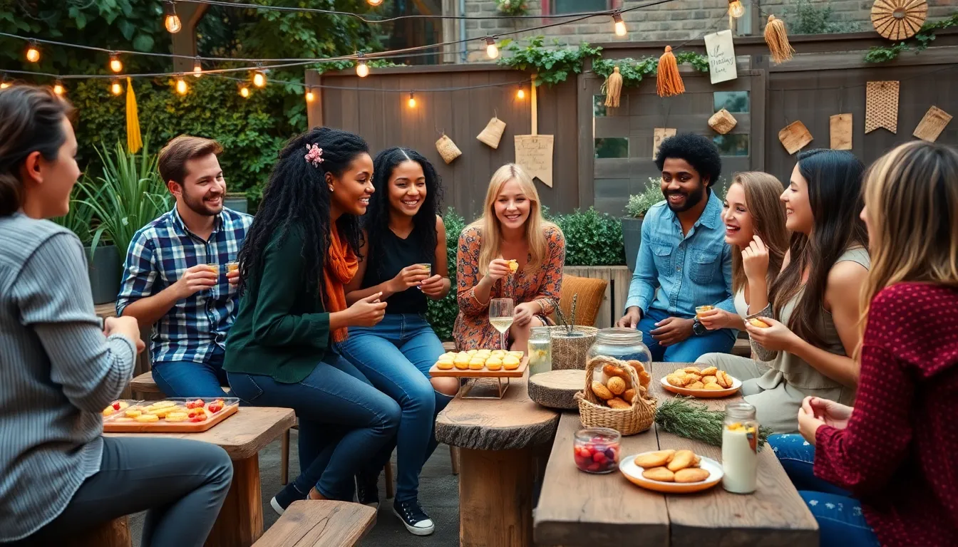 Diverse friends enjoying a cozy outdoor gathering with homemade snacks.