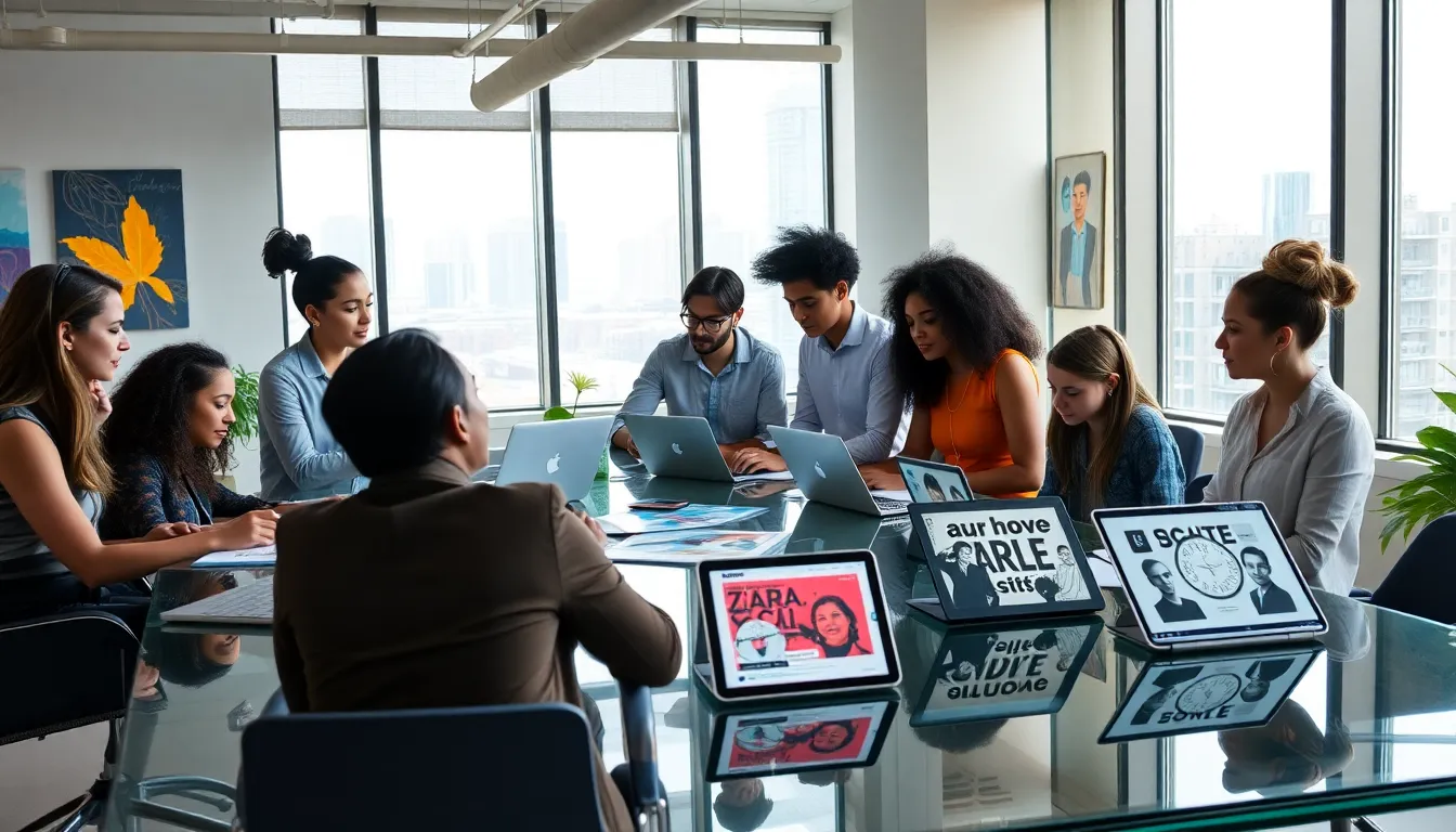 diverse team brainstorming in a modern workspace.