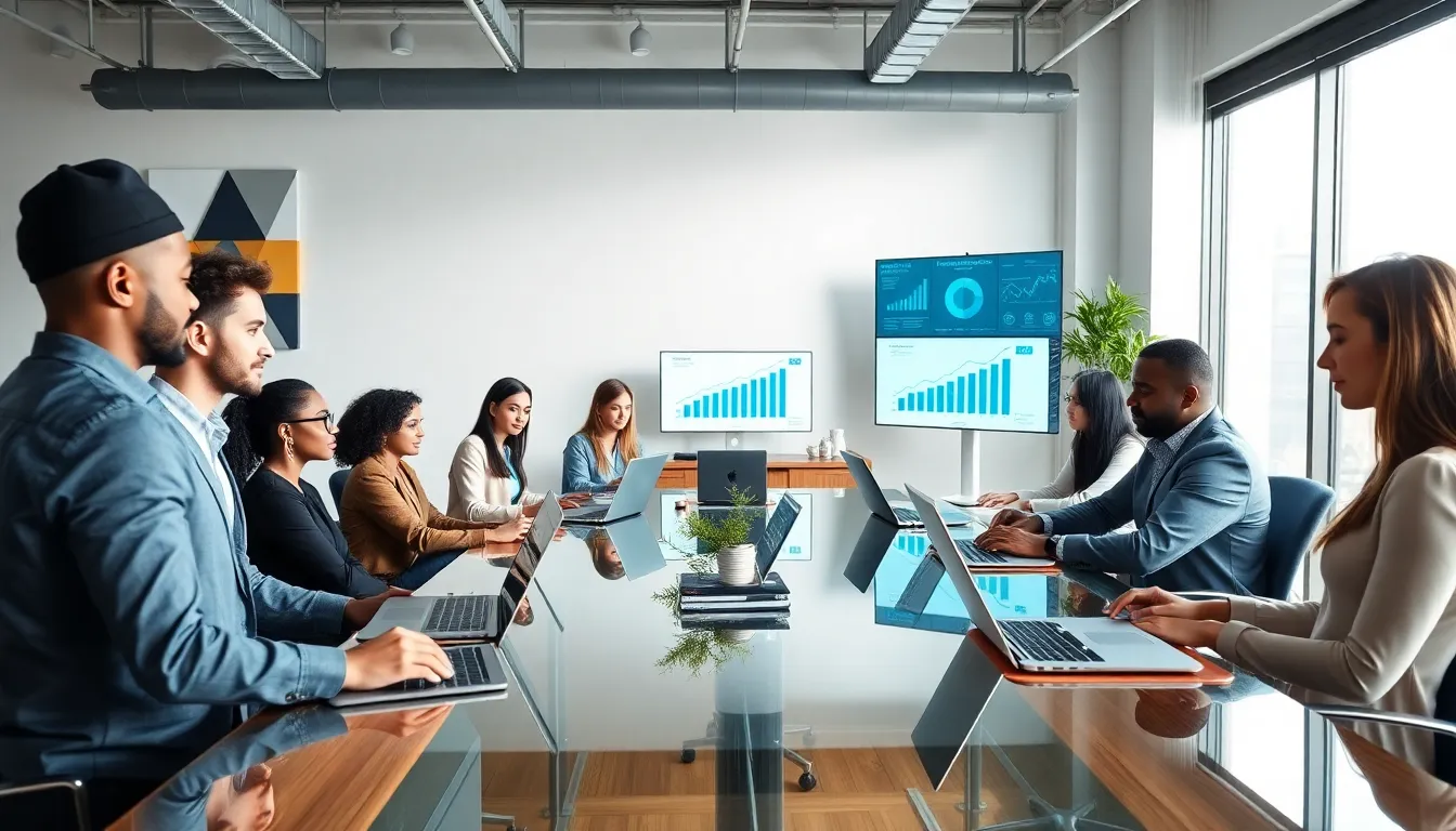 diverse professionals collaborating in a modern office environment.