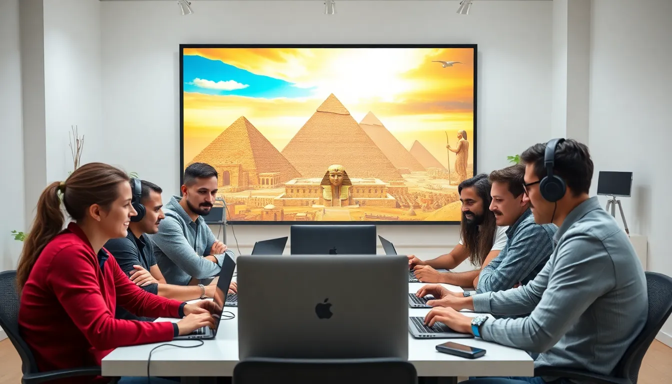 diverse game developers brainstorming about ancient Egypt-themed video game.