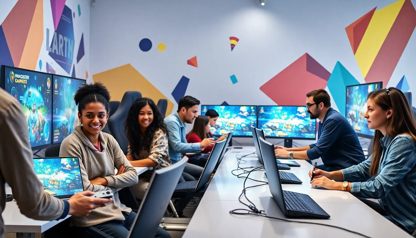 diverse gamers collaborating in a modern digital workspace.