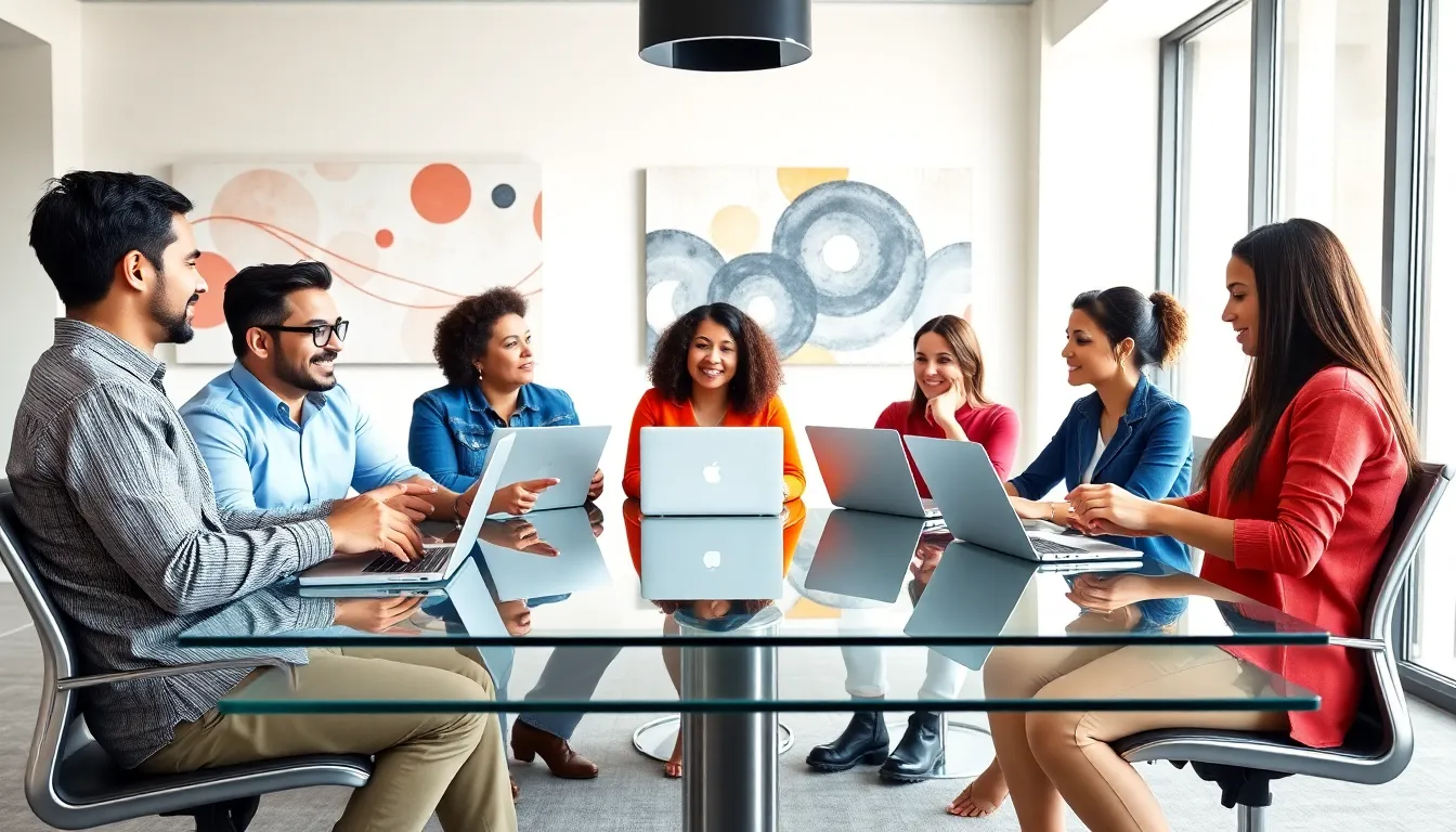 diverse group discussing technology and creativity in a modern office.