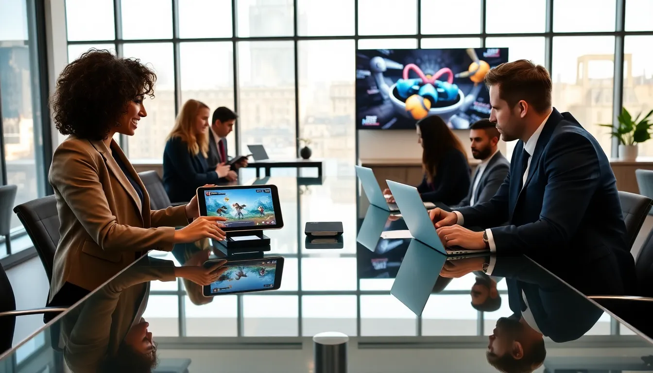 professionals collaborating in a modern office about game development.