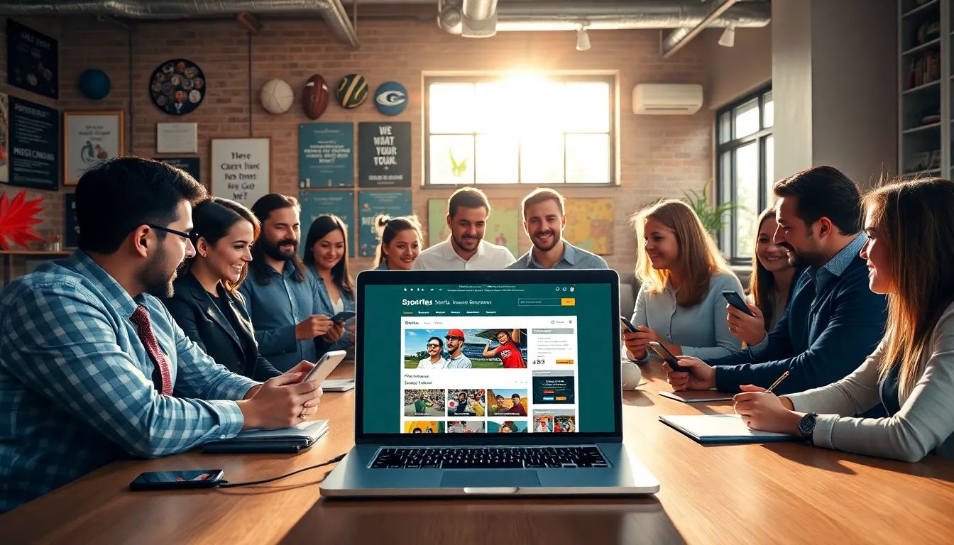 diverse professionals collaborating in a modern sports content workspace.
